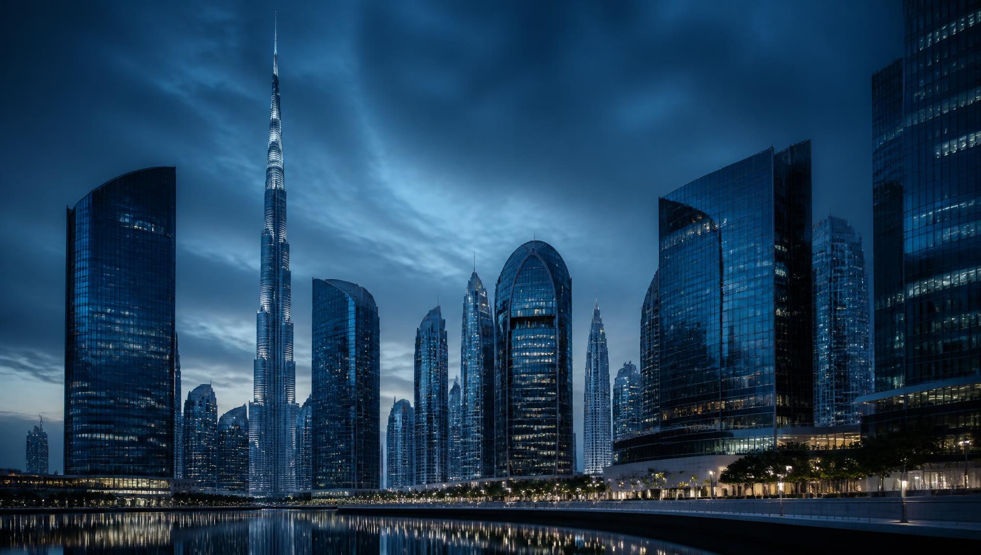 Dubai business district skyline at blue hour